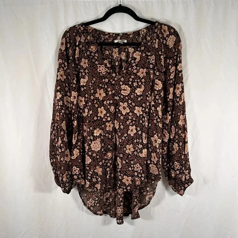Amuse Society Blouse Women's Medium Brown Floral Long Sleeve Vneck